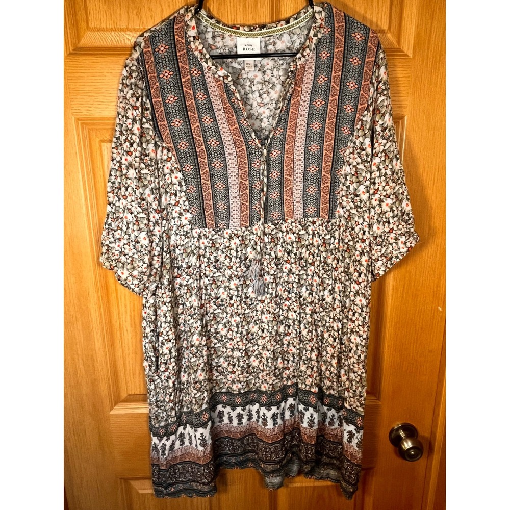 Knox Rose Women XXL Floral Boho Mini Dress Tassel V-Neck Rayon Multi-Color